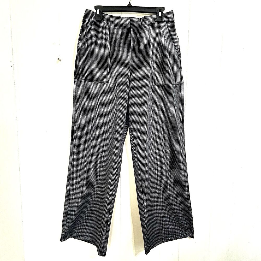 Max Studio Women Black White Pants Size Large Pull On Wide Leg Elastic Waist